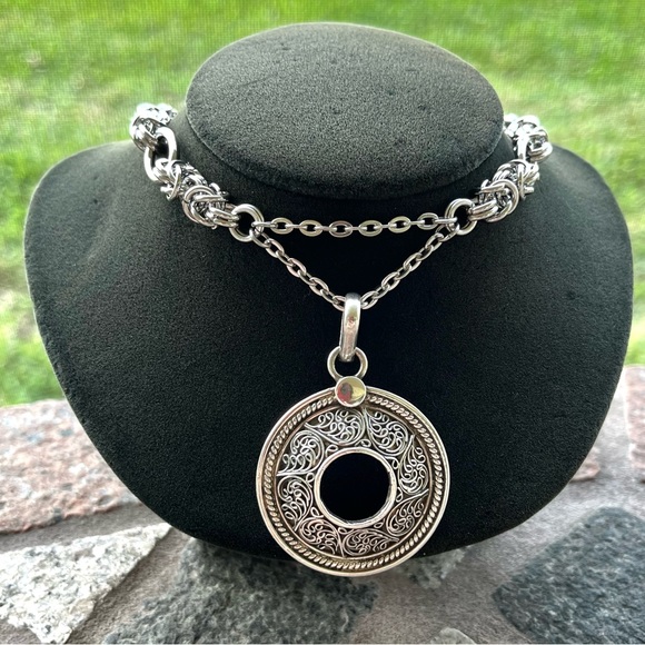 Handmade maille stainless steel chocker big 925 sterling silver coin shape charm - Picture 6 of 13